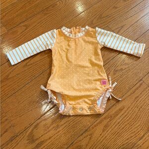 RuffleButts Orange Polka Dot Long Sleeve Rash Guard One-Piece Swimsuit 6-12M